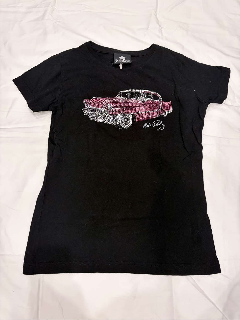 Black Short Sleeve Tee from Graceland with Pink Rhinestone Elvis Presley Car